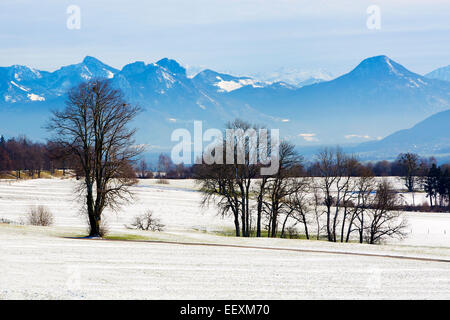 Paesaggio Innevato nelle montagne bavaresi in inverno Foto Stock