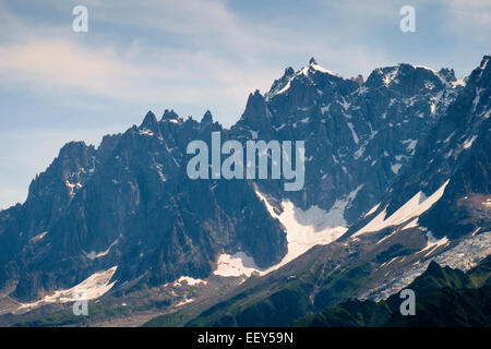 Aiguille du Midi, le Aiguilles de Chamonix, mountain range, Rhone-Alpes, Alta Savoia, Francia, Europa Foto Stock