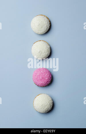 Biscotti di Marshmallow Pink lo zucchero e un pizzico di noce di cocco su sfondo blu, sopra visualizza Foto Stock