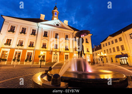 Estonia Tartu, baciare gli studenti Fontana contro edificio illuminato Foto Stock