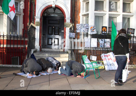 Londra, Regno Unito. Il 24 gennaio, 2015. Un piccolo gruppo di esuli siriano si inginocchiano a pregare come essi dimostrano contro il governo del presidente Assad di Siria al di fuori dell'Ambasciata russa a Londra Credito: amer ghazzal/Alamy Live News Foto Stock