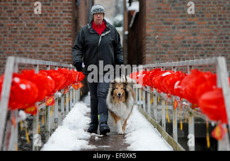 Bruxelles. 24 gen 2015. Un residente locale cammina il suo cane su un ponte decorato con le lanterne cinesi durante la Biennale di arte in Theux in Belgio orientale il 24 gennaio, 2015. Come parte della quarta edizione della Biennale di arte Theux iniziato sabato, circa 20.000 le lanterne cinesi sono appesi in tutta la città belga Theux. La Cina è il tema dell'arte evento di quest'anno. Credito: Zhou Lei/Xinhua/Alamy Live News Foto Stock