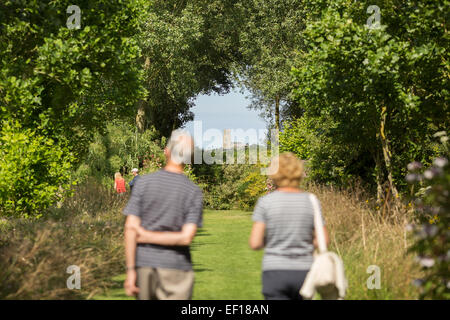 Chiesa Happisburgh visto attraverso un interstizio tra gli alberi a East Ruston Old Vicarage Gardens, Norfolk Foto Stock