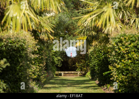 Happisburgh lighthouse visto attraverso un interstizio tra gli alberi a East Ruston Old Vicarage Gardens, Norfolk Foto Stock