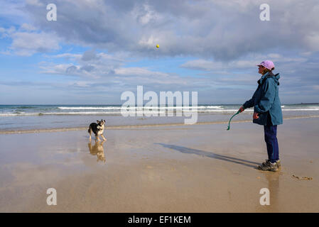 Donna e Border Collie cane giocare a palla sulla spiaggia Bamburgh, Northumberland, Inghilterra Foto Stock