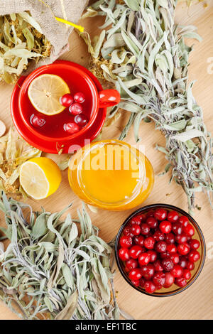 Mirtilli rossi, un vasetto con miele, frutta tazza da tè, erbe curative e limone. Vista dall'alto. Foto Stock