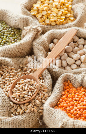 Sacchetti di Hesse con frumento, piselli, ceci, lenticchie rosse e verdi, mung cucchiaio di legno Foto Stock