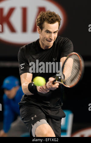 Melbourne, Australia. 25 gennaio, 2015. 6 seme Andy Murray (GBR) in azione in un quarto round il match contro il decimo seme Grigor Dimitrov (BUL) il giorno sette del 2015 Australian Open Grand Slam torneo di tennis a Melbourne Park a Melbourne, Australia. Sydney bassa/Cal Sport Media. © csm/Alamy Live News Foto Stock