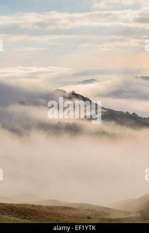 Mist & bassa nube su Doon di Castramont e la Valle della flotta, Gatehouse of Fleet, Dumfries & Galloway, Scozia Foto Stock