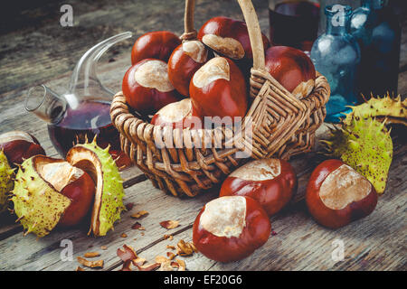 Le castagne nel cestello e fiale con tintura sul tavolo di legno Foto Stock