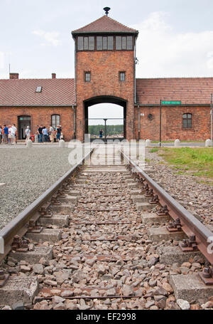 Porta alla concentrazione di Birkenau camp ad Auschwitz-Birkenau Memorial Museo di Stato. Foto Stock