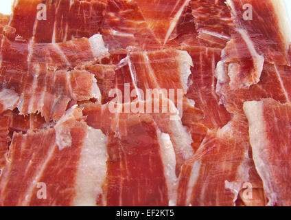 Vista dettagliata del prosciutto Serrano. Jabugo. Lo spagnolo tapa. Foto Stock