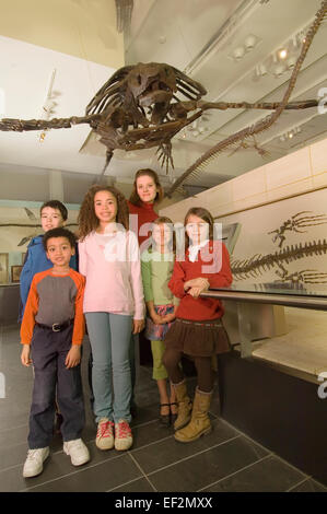 L insegnante e gli studenti nel museo da fossili di dinosauro display Foto Stock