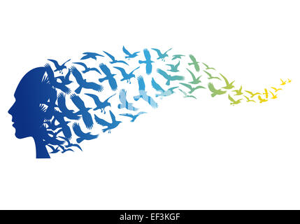 Spirito libero, testa con colorati uccelli in volo Foto Stock