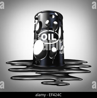 Il collasso dell'olio concetto di settore come un barile pieno di fori di petrolio grezzo con liquido versato sul pavimento in un business come metafora per energia di caduta dei prezzi. Foto Stock