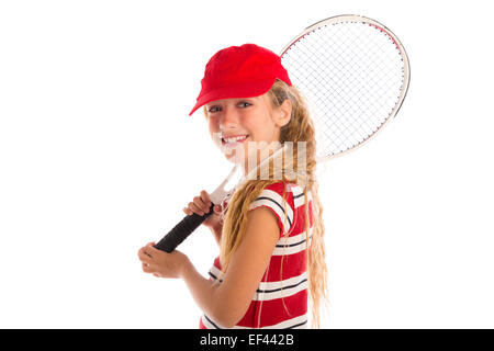 Blonde giocatore di tennis ragazza con tampone e cappuccio rosso sorridente su sfondo bianco Foto Stock