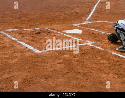 Catcher su catcher's box in una partita di baseball Foto Stock