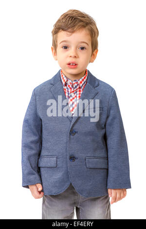 Little Boy con la camicia su sfondo bianco Foto Stock