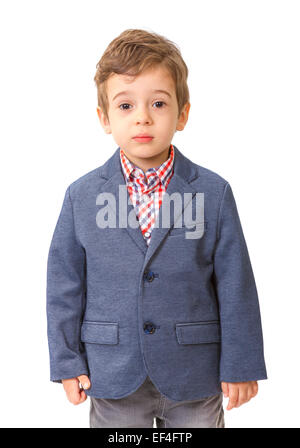 Little Boy con giacca e camicia su sfondo bianco Foto Stock