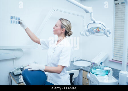 Femmina concentrato dentista guardando a raggi x Foto Stock