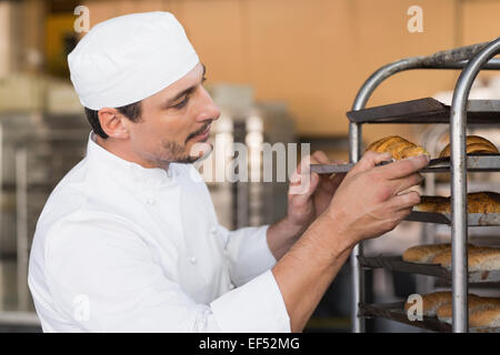 Baker controllando il pane appena sfornato Foto Stock