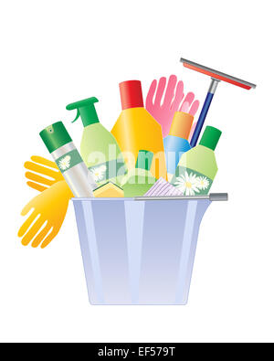 Una illustrazione di un secchio di plastica con guanti di gomma e una selezione di prodotti per la pulizia con panni e spugne Foto Stock