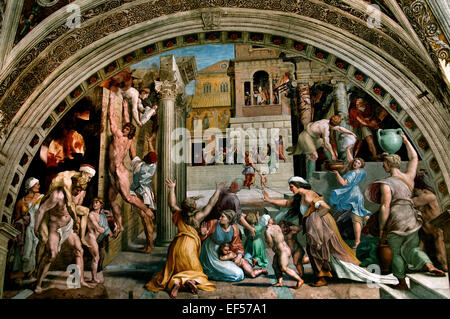 L'Incendio di Borgo 1514 l incendio di Borgo Stanze di Raffaello ( tanze di Raffaello ) appartamenti papali Vaticano Roma Italia ( Raffaello Sanzio da Urbino 1483 - 1520 noto come Raffaello ) l'affresco è stato probabilmente dipinto dal suo assistente di Giulio Romano Foto Stock