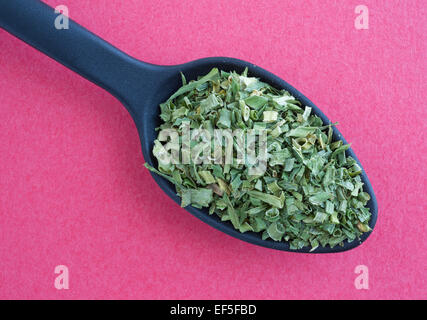 Vista dall'alto di una porzione di essiccato erba cipollina tritata in un cucchiaio di nero sulla cima di uno sfondo rosso. Foto Stock