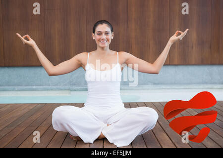 Immagine composita della pacifica donna felice in bianco in seduta lotus pongono Foto Stock