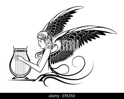 Illustrazione delle antiche Muse alato giocando su un'arpa. Isolato su sfondo bianco. Foto Stock