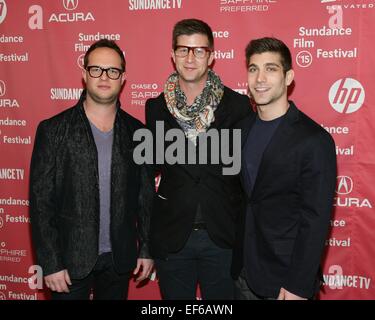 Park City, UT, STATI UNITI D'AMERICA. 27 gennaio, 2015. Sam Slater, Paolo Bernon, David Bernon presso gli arrivi per risultati Premiere al 2015 Sundance Film Festival, Eccles Centro, Park City, UT 27 gennaio 2015. Credito: James Atoa/Everett raccolta/Alamy Live News Foto Stock