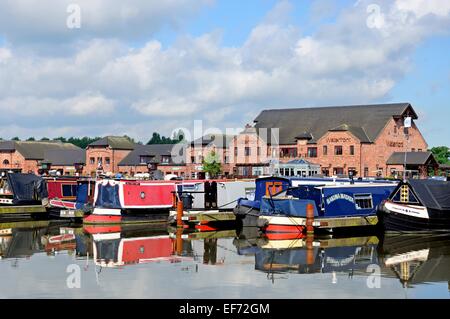 Narrowboats sulla loro ormeggi nel bacino del canale con negozi, bar e ristoranti per la parte posteriore, Barton Marina, Inghilterra, Regno Unito. Foto Stock