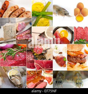 Alimenti ad alto contenuto proteico collezione collage annidato sul telaio bianco Foto Stock