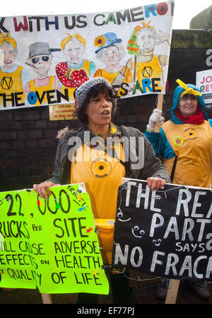 Preston, Lancashire, Regno Unito 28 Gennaio, 2015 Demo al di fuori della County Hall a Preston come il Consiglio voti su se approvare Cuadrilla application per il sito Roseacre. Individui, gruppi di attivisti e residenti locali in rappresentanza di agricoltura e turismo settori oggetto di piani di 'frack' per gas di scisto in la Bowland Shale al Roseacre & Little Plumpton siti, vicino a Blackpool Credito: Mar fotografico/Alamy Live News Foto Stock