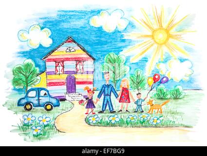 Vettore luminoso schizzo per bambini con famiglia felice, casa, cane, auto sul prato con fiori Illustrazione Vettoriale