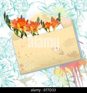 Sfondo vettoriale con busta grunge messaggio con orange fresia fiori Illustrazione Vettoriale