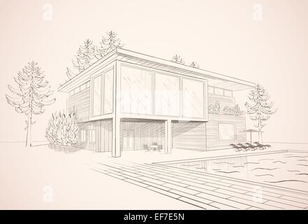 Vector seppia schizzo di suburbana moderna casa in legno con piscina e sdraio Illustrazione Vettoriale