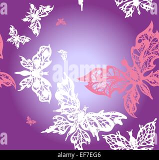 Senza cuciture con sfondo rosa e bianco farfalle sul gradiente viola con il testo Illustrazione Vettoriale