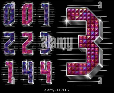 Volume del vettore figure 0,1,2,3,4 lucido con strass in metallo argento il framing in due versioni di colori Illustrazione Vettoriale