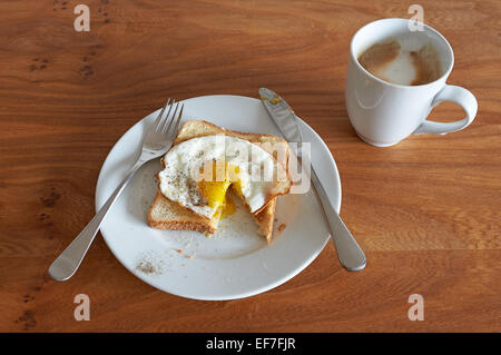 Uovo fritto su pane tostato con caffè Foto Stock