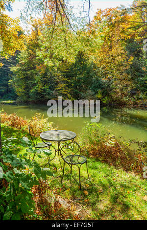 Set Picnic di un cast di ferro battuto tavolo e sedie sedersi in modo invitante sulla sponda di un laghetto. Woodland scenic in Vermont, USA. Foto Stock