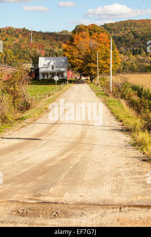 Strada sterrata passo carraio conduce a un casale rurale nel nord del Vermont, Stati Uniti d'America. Stagione è l'autunno. Formato verticale. Foto Stock