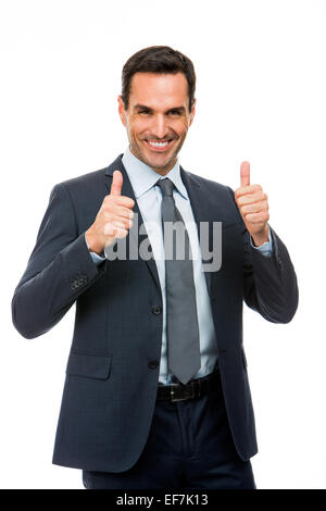 Mezza lunghezza Ritratto di un imprenditore sorridente, pollice in alto con entrambe le mani Foto Stock