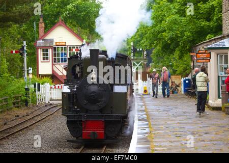 Locomotiva a vapore "Thomas Edmondson" arrivando a Alston stazione sul South Tynedale Railway, Alston, Cumbria, Inghilterra, Regno Unito. Foto Stock