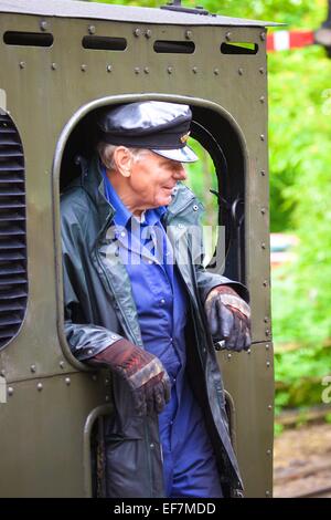 Driver motore guardando fuori del motore a vapore. South Tynedale Railway, Alston, Cumbria, Inghilterra, Regno Unito. Foto Stock