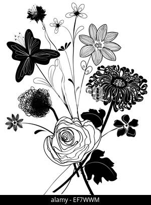 Bianco e nero illustrazione di un dolce e bouquet di fiori diversi per dare a quella persona speciale Foto Stock