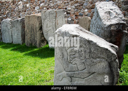 Messico Oaxaca, Santa Cruz Xoxocotlan, Monte Alban, lastre di pietra con le sculture esposte sull'erba Foto Stock