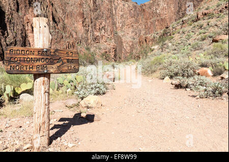 Stati Uniti d'America, Arizona, il Parco Nazionale del Grand Canyon, segnaletica per North Rim al fondo del Grand Canyon Foto Stock