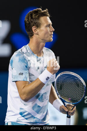 Melbourne, Australia. 29 gen, 2015. Tomas BERDYCH di Repubblica Ceca celebra durante i suoi uomini singoli semifinale partita contro Andy Murray della Gran Bretagna presso l'Australian Open di softball di Melbourne, Australia, 29 gennaio, 2015. Credito: Bai Xue/Xinhua/Alamy Live News Foto Stock