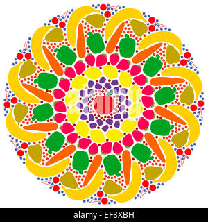 Mandala fuori di colorati frutti e ortaggi. Foto Stock